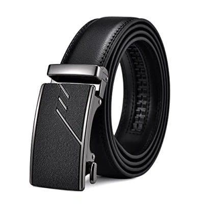 Imagen de FEFLO Cinturon Hombre Cuero Negro (XXL, longitud del cinturón 125cm, adecuado para cintura 101cm 108cm) Automatico Hebilla Trinquete Piel Sin Agujeros Cinturon,Tamaño Ajustable
