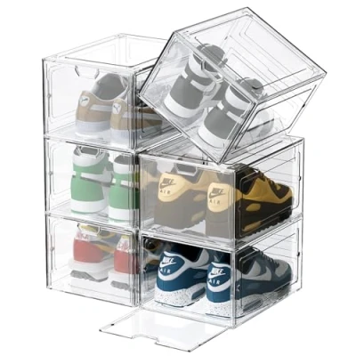 Imagen de Cajas para Zapatos Transparentes, 6 de Zapatos,Organizadores Plegables,Apilables, Exponer Zapatillas, Tacones Altos, Transparente y Blanco con tapas Mujeres/Hombres（33.5x28x18cm）