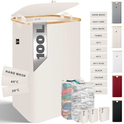 Imagen de KESSER® Cesto para la colada con tapa, plegable, 100 litros, cesta colada, 2 bolsas extraíbles, incluye instrucciones de lavado, color beige