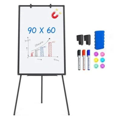 Imagen de Pizarra blanca con caballete de borrado en seco, magnética, portátil, 90x60 cm, trípode, altura ajustable, la enseñanza casa y el aula, color negro