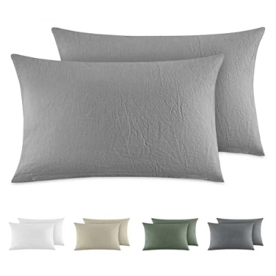Imagen de Dreamzie Funda Almohada 40x80 cm (Juego de 2), 100% Algodón Lavado Color Gris Claro, Aspecto Lino y Transpirable, con Cremallera