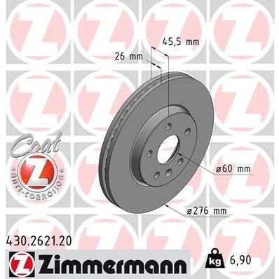 Imagen de ZIMMERMANN COAT Z 430.2621.20 Disco de freno 276 26 6/5 5 105 ventilación interna revestido altamente carbonizado OPEL: Astra J Hatchback, GTC