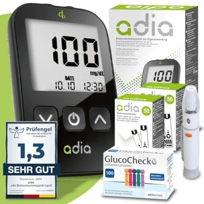 Imagen de adia Medidor de glucosa en sangre (mg/dl) + 110 tiras reactivas lancetas: Maxi paquete ahorro para el autocontrol la diabetes