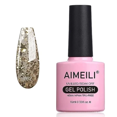 Imagen de AIMEILI Esmaltes Semipermanentes para uñas en Gel UV LED de Pintauñas Permanente Semipermanente Soak Off Brillantina Golden Superstar Brillo Claro (062) 10ml