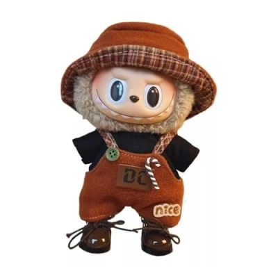 Imagen de MAGIC SELECT Ropa de Muñeca Compatible con Labubu Peluche 17cm. Conjunto y Accesorios, Camiseta Negra, Peto Sombrero marrón (Peluche no Incluido).