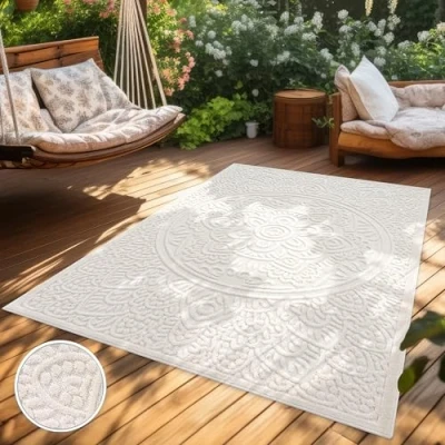 Imagen de Paco Home Alfombra Salon De Habitacion Cocina Exterior Terraza Jardin Motivo Nordica Boho Chic Lisa, tamaño:120x170 cm, Color:Crema 3