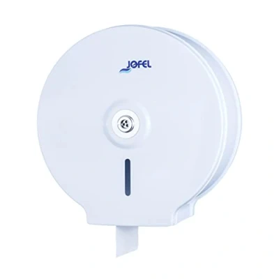 Imagen de Jofel Portarrollos de Papel Higiénico Industrial Mediano, Dispensador en Rollos hasta 300m, max. 220mm Diámetro, Mandril 18 a 55mm, Carcasa Acero Laminado Blanco, Clásico AE12100
