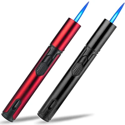 Imagen de Yeuligo Paquete de 2 Gas Mechero, Mechero Soplete Recargable a Butano, Prueba Viento Encendedor Palo Largo para Velas, Cocina, Camping, Chimenea.(Vendido sin Gas) (Rojo y Negro)