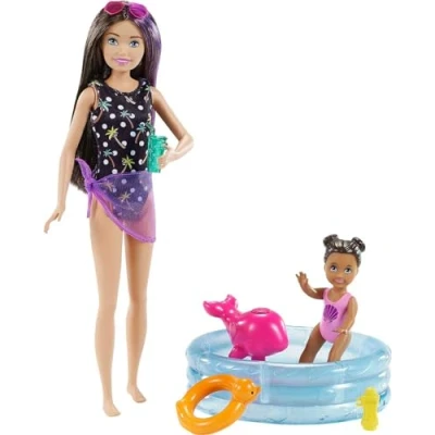 Imagen de Barbie Skipper Muñeca Canguro con bañador y bebé, Piscina de Juguete Accesorios Agua (Mattel GRP39)