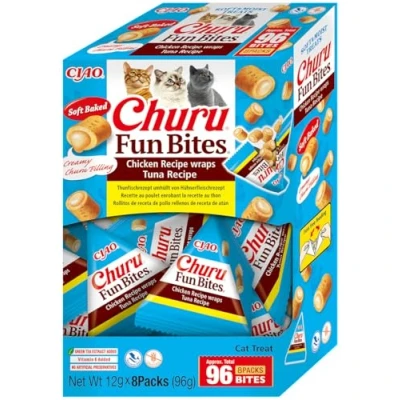 Imagen de INABA Churu Fun Bites Snack para Gatos, bocados de Pollo con corazón atún 8 Paquetes 12 g Suave y cremoso Comida Gatos sin conservantes ni colorantes Artificiales, Granos