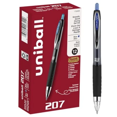 Imagen de uni ball Signo 207 Paquete de 12 bolígrafos gel azul 0.039 pulgadas, resistentes al agua, escritura suave, agarre cómodo, retráctiles, regreso a clases, para