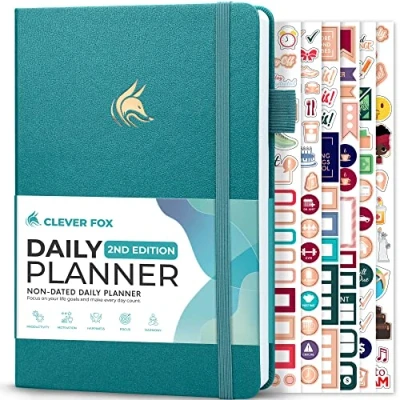 Imagen de Clever Fox Agenda diaria 2ª edición, organizador de tareas bloque tiempo sin fecha con horario y lista pendientes, A5, 6 meses (aguamarina)