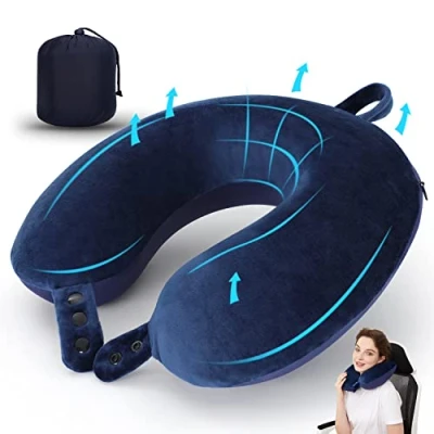 Imagen de Almohada de cuello viaje espuma viscoelástica, suave y ajustable para apoyar la cabeza, el avión, coche sillón reclinable en casa (azul oscuro)