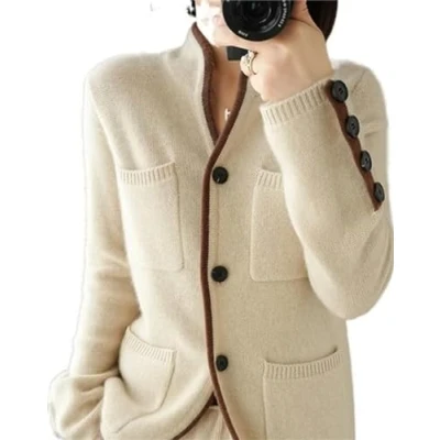 Imagen de VATIVA Mujer 100% Cachemira Jersey Otoño/Invierno Cuello Alto Cardigan Casual Knit Tops Chaqueta, naturaleza, S M