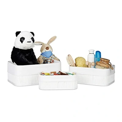 Imagen de Relaxdays, Blanco Cajas de almacenaje, Set Tres, Funda Textil, Rectangular, Accesorio, Baúles, Bambú, 20 x 30 13 cm