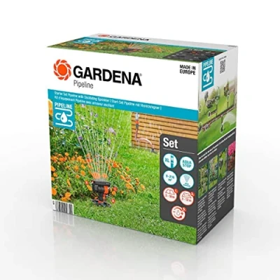 Imagen de Gardena Sprinklersystem Set de inicio Pipeline con Aspersor Oscilante: completo para empezar el sistema tuberías, extracción agua por la casa y jardín, montaje subterráneo (08272 20)