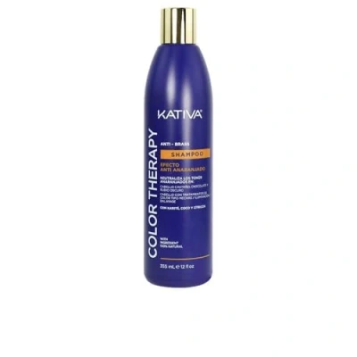 Imagen de KATIVA Color Therapy Anti Brass Champú Matizador Azul Efecto Anaranjado 355 ml Karité, Coco y Cítricos Sin Sal, Sulfatos Ni Parabenos Cabello Castaño Claro o Rubio Oscuro