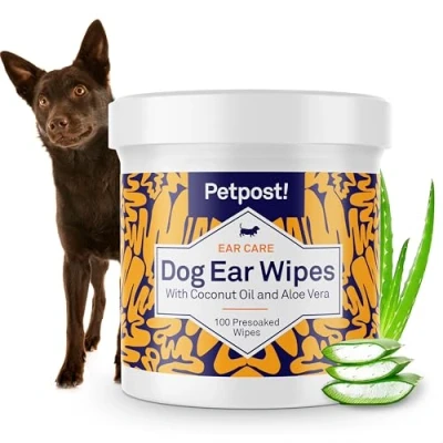 Imagen de Petpost Toallitas Limpiadoras de Oídos para Perros 100 Almohadillas Algodón Ultra Suave en Solución Aceite Coco El Mejor Remedio Garrapatas Oído Perro e Infecciones Auditivas