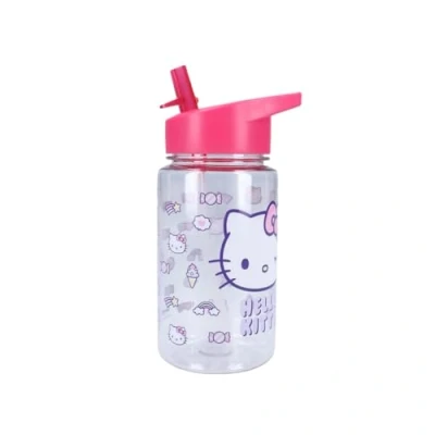 Imagen de My sweety pop Botella para niña hello kitty transparente de plástico, niños, guardería, guarderías, escuelas, vacaciones, comidas, 12 cm, 450 ml, hidratación, idea regalo, color rosa
