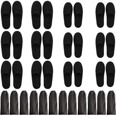 Imagen de Bizarre.ly Zapatillas SPA Negras Suaves con Bolsas de Cordel (12 Pares) Pantuflas Invitados Punta Cerrada Lavable Reutilizable Dos Tallas (S, L) Hombres y Mujeres Baño, Viaje, Hogar, Bodas
