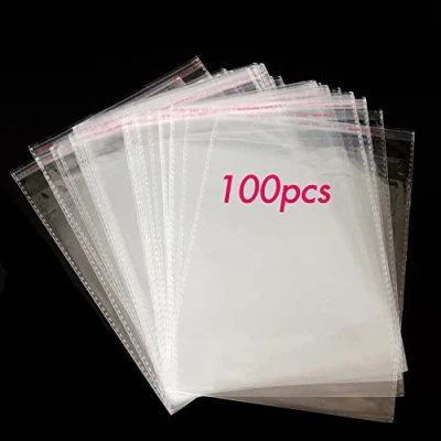 Imagen de 100 Bolsas de Celofán Transparente Autoadhesivas. Plástico OPP Medianas con Costura Sellada y Orificio Ventilación para Chuches, Regalos, Joyas, Tarjetas, Dulces, Bombones, Fotos.