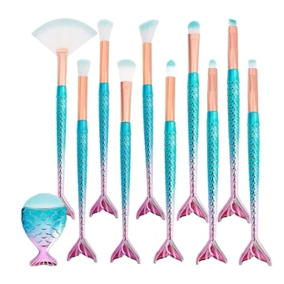 Imagen de Pinceles de Maquillaje Sirena,Profesional Brochas 11 Piezas Forma Cola Sirena Cepillo para Sombra Ojos, Corrector, Delineador Ojos