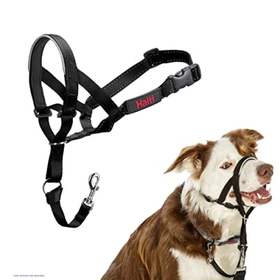 Imagen de collar Ronzal HALTI para evitar que tu perro tire de la correa, Ajustable y Ligero, con banda nariz acolchada. Adiestramiento canino antitirones perros medianos (Talla 2, Negro)