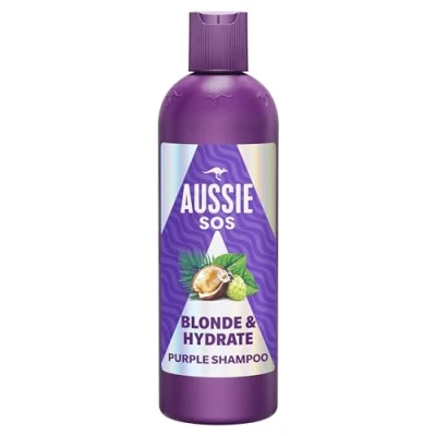 Imagen de Aussie SOS Blonde &amp; Hydrate Champú Morado 300ml Para Pelo Decolorado, Con Mechas Y Canas. Neutraliza Los Tonos Cobrizos Amarillos En Cabello Rubio, Reflejos Más Brillo Suavidad
