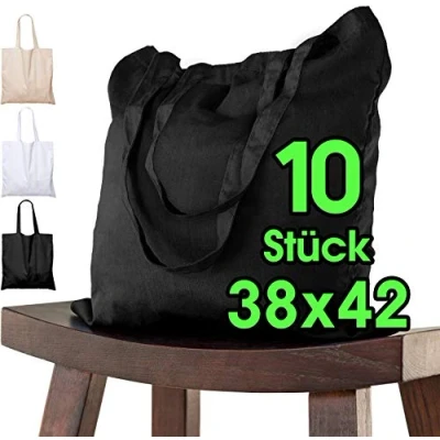 Imagen de ELES VIDA Lot de 10 Sacs en Coton non imprimés 38 x 42 cm, Sac à bandoulière, toile, ÖKO TEX® toile carreaux provisions (Negro)