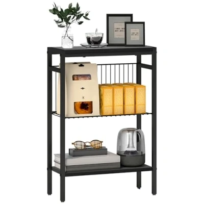 Imagen de HOMCOM Mesa Auxiliar Estrecha de 3 Niveles Mesita Industrial con Estantes Abiertos y Estructura Acero para Salón Dormitorio 43x18x62,5 cm Negro