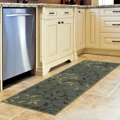 Imagen de Ottomanson Ottohome Alfombra rectangular, base de goma, diseño hojas contemporáneo, 50 x 150 cm, color verde (Seafoam)