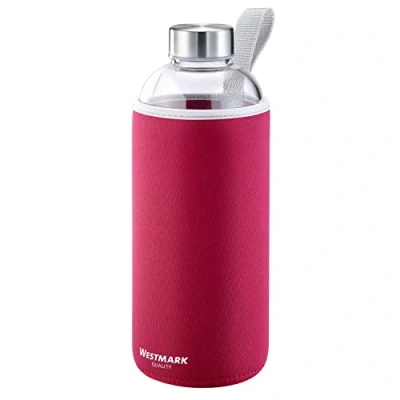 Imagen de Westmark Botella para beber, De vidrio con impresión, Incl. cubierta protectora, 1000 ml, Vidrio/silicona/caucho, Sin BPA, Viva, Rojo/plata/transparente, 5274226R