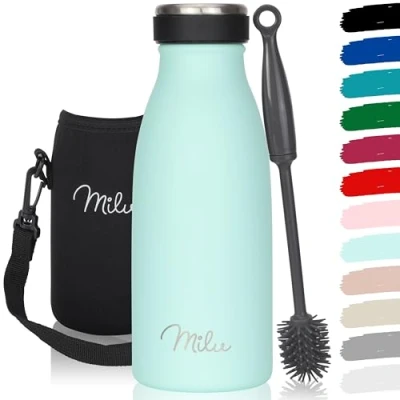 Imagen de Milu Botella de acero inoxidable, 350, 500, 750 ml, 1 l, 1,5 termo a prueba fugas, doble pared, apto para bebidas con gas, niños y adultos, incluye cepillo limpieza, color menta,
