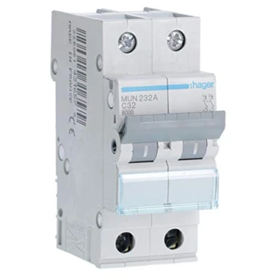Imagen de Hager MUN232A Interruptor Automático Magnetotérmico Serie MU, 2P, 32A, curva C, 6KA