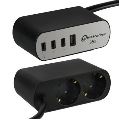 Imagen de Electraline 62583 Regleta Base Multiple de Escritorio/Mesa Trabajo Electradock 1 3 C Power Delivery, Cable H05VV F 3G1.5 Longitud 2M, Enchufe Schuko, Negro, 2 Tomas + 4 USB PD 35W