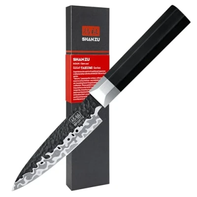 Imagen de SHAN ZU Cuchillo Pelador Forjado a Mano, 9,5cm Monador, Japonés Afilado de Acero 9CR18MOV 7 Capas, Cocina para Pelar Frutas y Verduras, Mango G10 TAKUMI Series