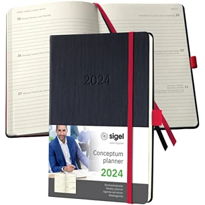 Imagen de SIGEL C2408 Conceptum Agenda semanal 2024, aprox. A5, negro, rojo, tapa dura, dos páginas = una semana, 192