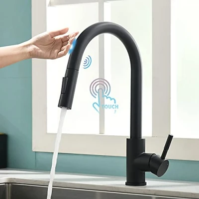 Imagen de TIMACO Grifo de cocina con sensor Touch On negro, ducha extensible, giratorio 360, grifos mezcladores para grifos, monomando cocina, fregadero