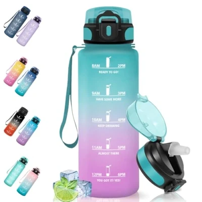 Imagen de Motswedi Botella Agua, 1500 ml Sin BPA, Agua Gimnasio con Pajita, Reutilizable, de a Prueba Fugas, Cantimplora, para Gym, Escuela, Yoga, Camping, Verde Rosa