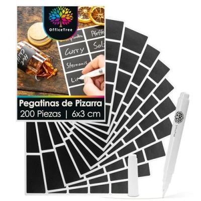 Imagen de OfficeTree 200 Pegatina Pizarra Adhesiva 6 x 3 cm Pegatinas Negras Etiquetas Botes Cocina con Rotulador de Tiza