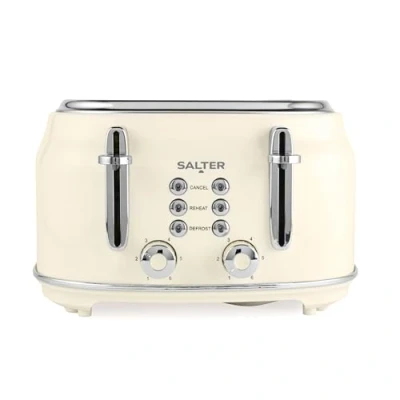 Imagen de Salter Retro Tostadora de 4 Rebanadas Ranuras Anchas, 6 Niveles, Descongelar, Recalentar, Cancelar, Bandeja removible para Migas, Expulsión Elevada, Auto Centrado, 1630W, Crema, EK5739CRMVDE