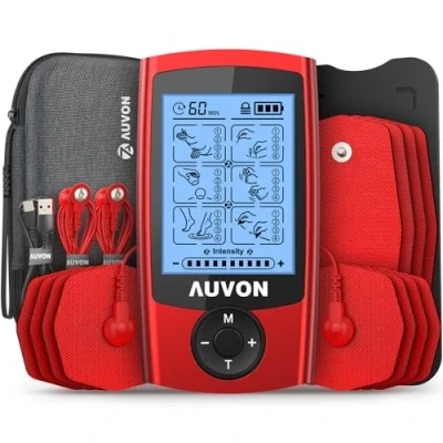 Imagen de AUVON TENS Electroestimulador con estuche EVA, dispositivo de corriente estimulación recargable para el tratamiento del dolor 24 modos, incluye 12 electrodos, 2 Canales