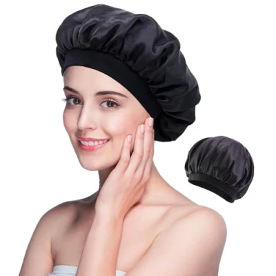 Imagen de iJiGui Gorro de Dormir, Seda Elástico, Satén Banda Ancha , Suave Cubierta Cabeza Bonnet para Mujeres y Chicas(Negro)