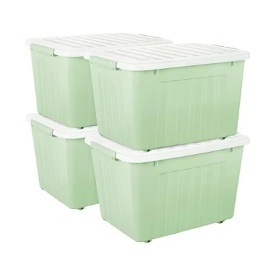 Imagen de Cetomo 80L*4 Cajas de Almacenamiento con Tapas, Contenedores Plástico Ruedas, Clip On, Apilables, Encajables, Organizador Rayado para Oficina en Casa, Verde, 80L 4 Pack