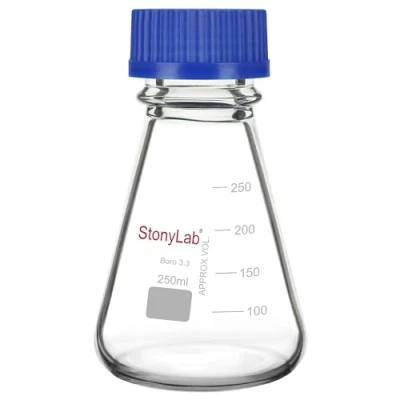 Imagen de stonylab Matraz Erlenmeyer con Tapa de Rosca Azul, Cónico Vidrio Borosilicato Graduado para Laboratorio, 250 ml
