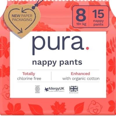 Imagen de Pura Eco Nappy Pants Size 8 (19kg+), 15 Nappies, Pull Up Disposable Baby Nappies for Sensitive &amp; Allergy Prone Skin, Hypoallergenic, Fragrance Free, Easy Tear Side