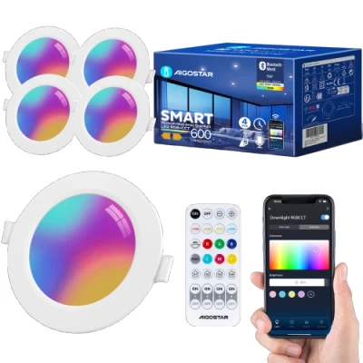 Imagen de Aigostar Downlight Inteligente Empotrable Focos 6W Bluethooth Mesh, LED Techo Luces para Salón Cocina Compatible con Alexa Control Remoto, RGB+CCT Regulable 2700 6500K,Ф100 110mm, 600LM, 4 Uds