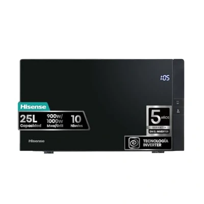 Imagen de Hisense H25MOBS4HGI Microonda con Grill, 1000W, 25L, Alto 29.3cm x Ancho 48cm, Color Negro, Tecnología Inverter, 6 Programas Preestablecidos, Grill Combo, Descongelar por Tiempo o Peso, Función Eco