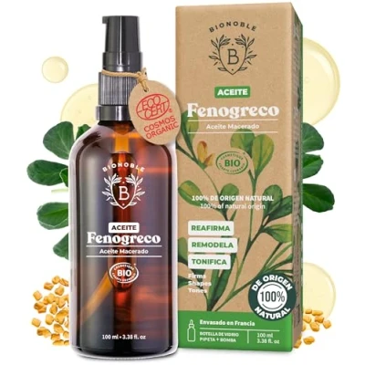 Imagen de Bionoble Aceite de Fenogreco Orgánico 100ml Macerado y Girasol Cuerpo, Pecho, Glúteos, Cabello Vegano, Cruelty Free Botella vidrio + Pipeta Bomba