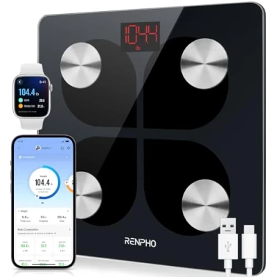 Imagen de RENPHO Báscula de Grasa Corporal con Bluetooth Elegante para Baño BMI Digital Escala, Analizador Recargable Composición USB y Aplicación